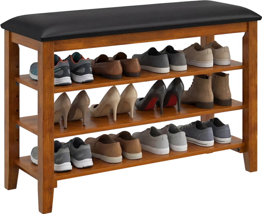 3-tier shoe rack bench in brown with adjustable shelves and soft cushion, perfect for entryway or living room.