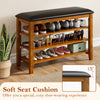 3-tier shoe rack bench with soft cushion and adjustable shelves in brown, perfect for entryway organization.