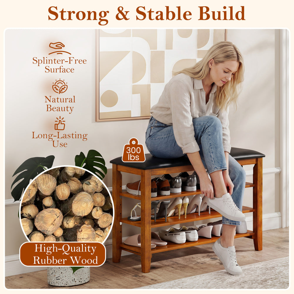 3-tier shoe rack bench in brown with adjustable shelves and soft cushion, made of durable rubber wood for entryway use.