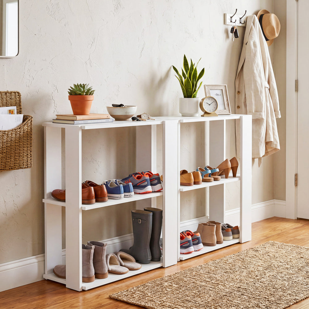 The 3-tier shoe rack in white showcases a modern design, perfect for organizing footwear while enhancing entryway decor.