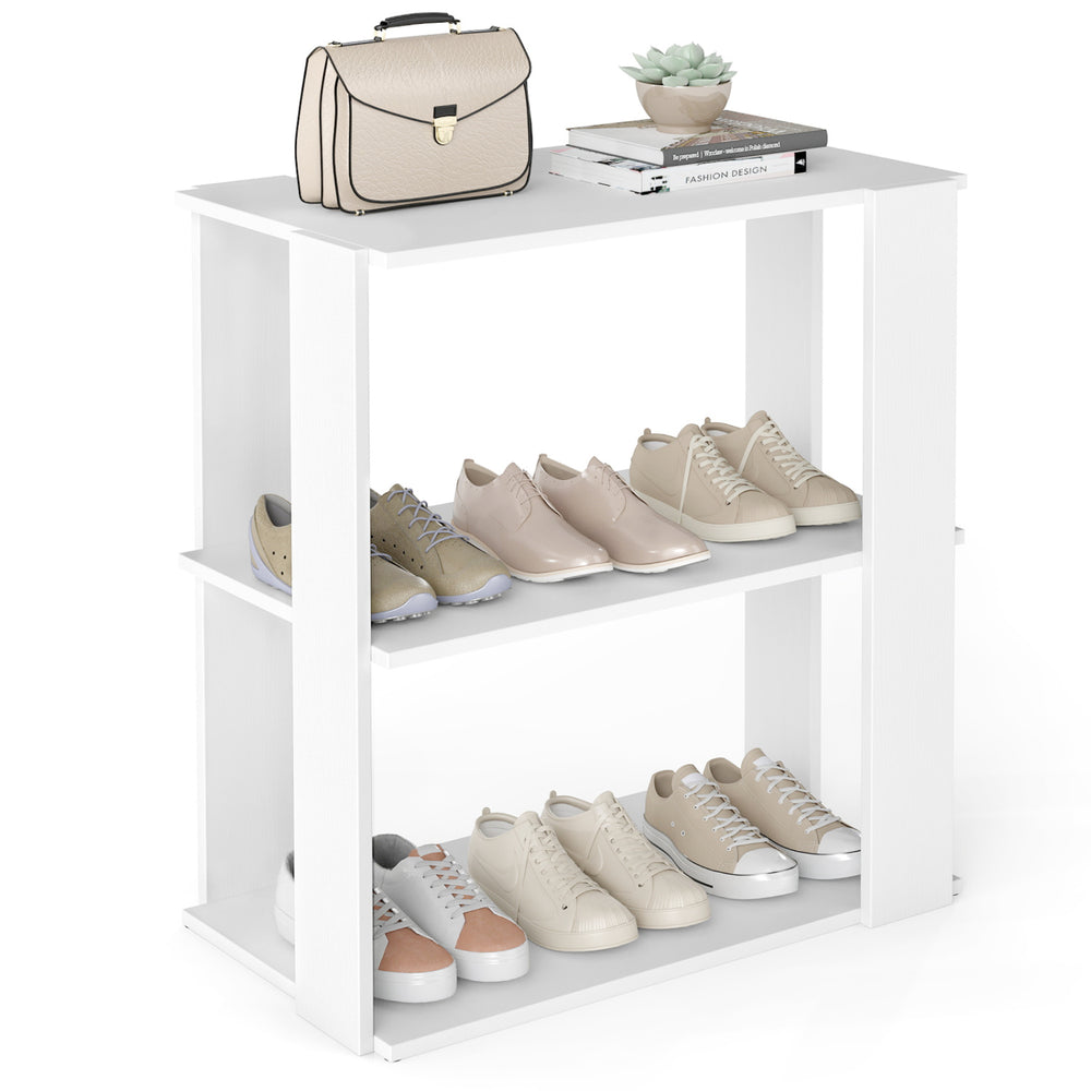 3-tier white shoe rack with stackable design, sturdy construction, and versatile use for organizing shoes or plants.