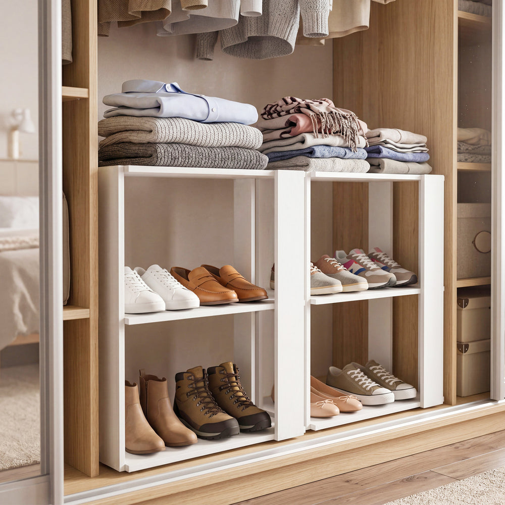 3-tier white shoe rack with stackable design, featuring spacious tiers for organized shoe storage and easy maintenance.
