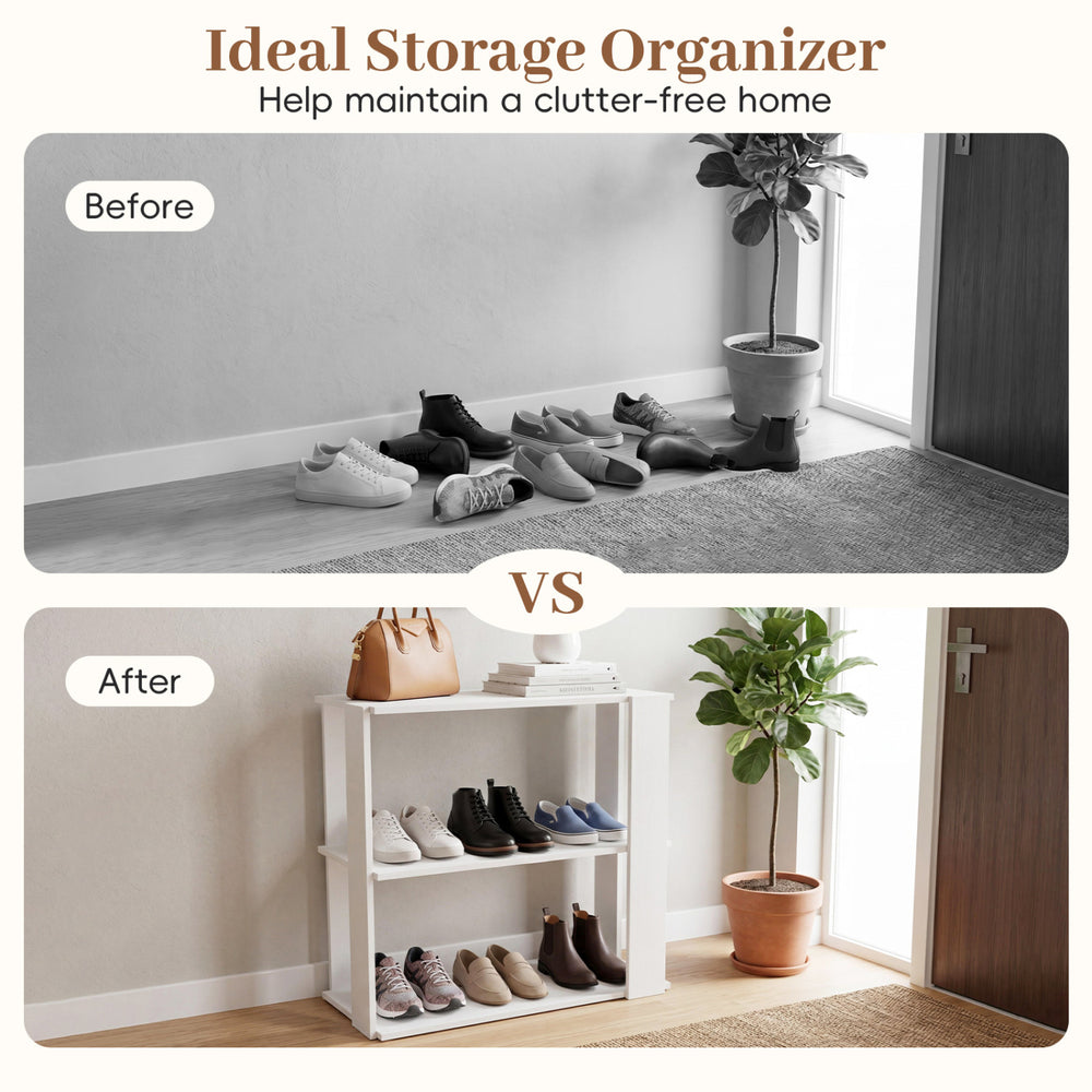 3-tier white shoe rack with stackable design, ideal for organizing shoes and maintaining a clutter-free home.