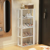 3-tier white shoe rack with stackable design, featuring anti-tipping device and spacious shelves for organized storage.