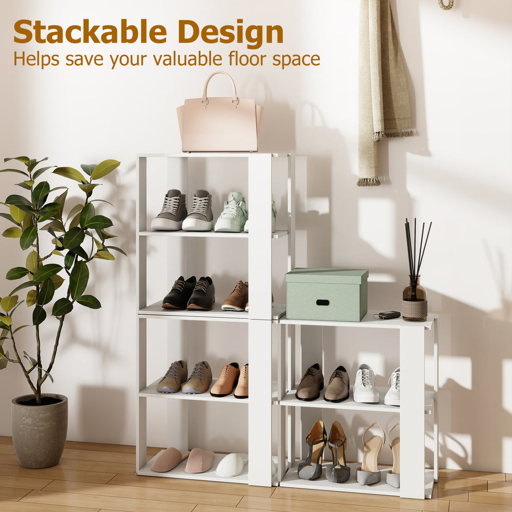 3-tier white shoe rack set with stackable design and anti-tipping device, ideal for organizing shoes in small spaces.