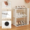 3-tier white shoe rack with stackable design, anti-tipping device, and easy-to-clean surface for organized storage.