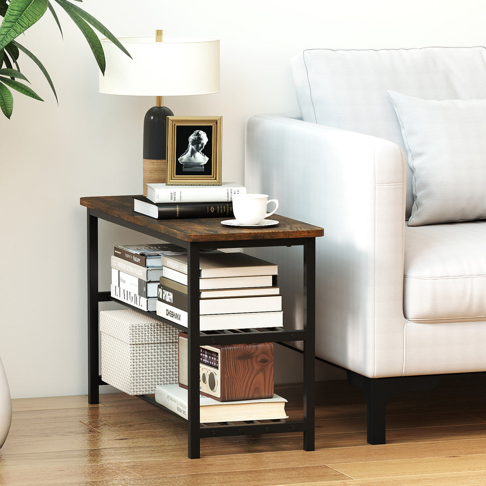 3-tier shoe rack bench in rustic brown with metal slat shelves, ideal for entryway or living room storage.