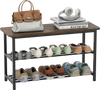 Rustic brown 3-tier shoe rack bench with durable metal frame and wooden seat, perfect for stylish entryway organization.