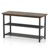 3-tier shoe rack bench with rustic brown wooden seat and metal slat shelves, ideal for entryway or living room storage.