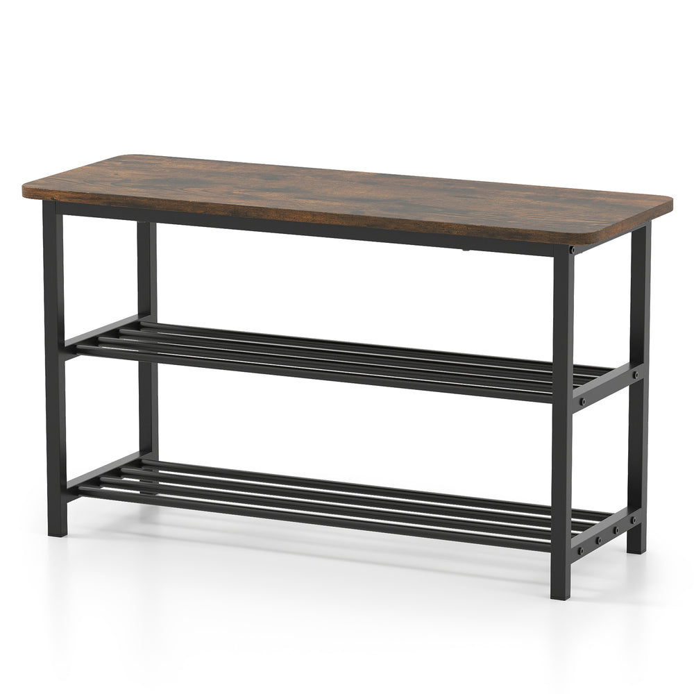 3-tier shoe rack bench with rustic brown wooden seat and metal slat shelves, ideal for entryway or living room storage.