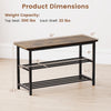 3-tier shoe rack bench with rustic brown wooden seat and metal slat shelves, ideal for entryway storage and seating.