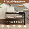 3-tier shoe rack with rustic brown wooden top and metal slat shelves, perfect for entryway or living room storage.