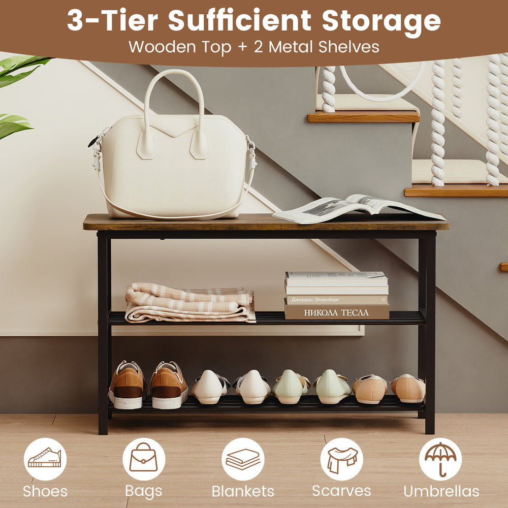 3-tier shoe rack with rustic brown wooden top and metal slat shelves, perfect for entryway or living room storage.