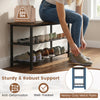 3-tier shoe rack bench in rustic brown with metal slat shelves, supporting 300 lbs, ideal for entryway or living room.