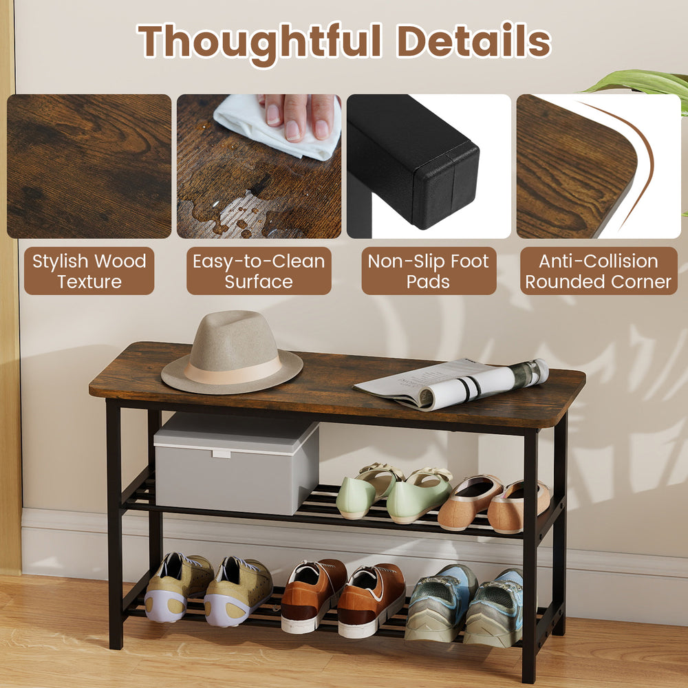 3-tier rustic brown shoe rack bench with metal slat shelves, non-slip foot pads, and rounded corners for safety.