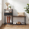 3-tier shoe storage rack bench in rustic brown with drawer and metal frame, perfect for organizing footwear and enhancing entryways.