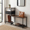 3-tier shoe storage rack bench in rustic brown with a drawer and metal frame, perfect for organizing shoes and accessories.