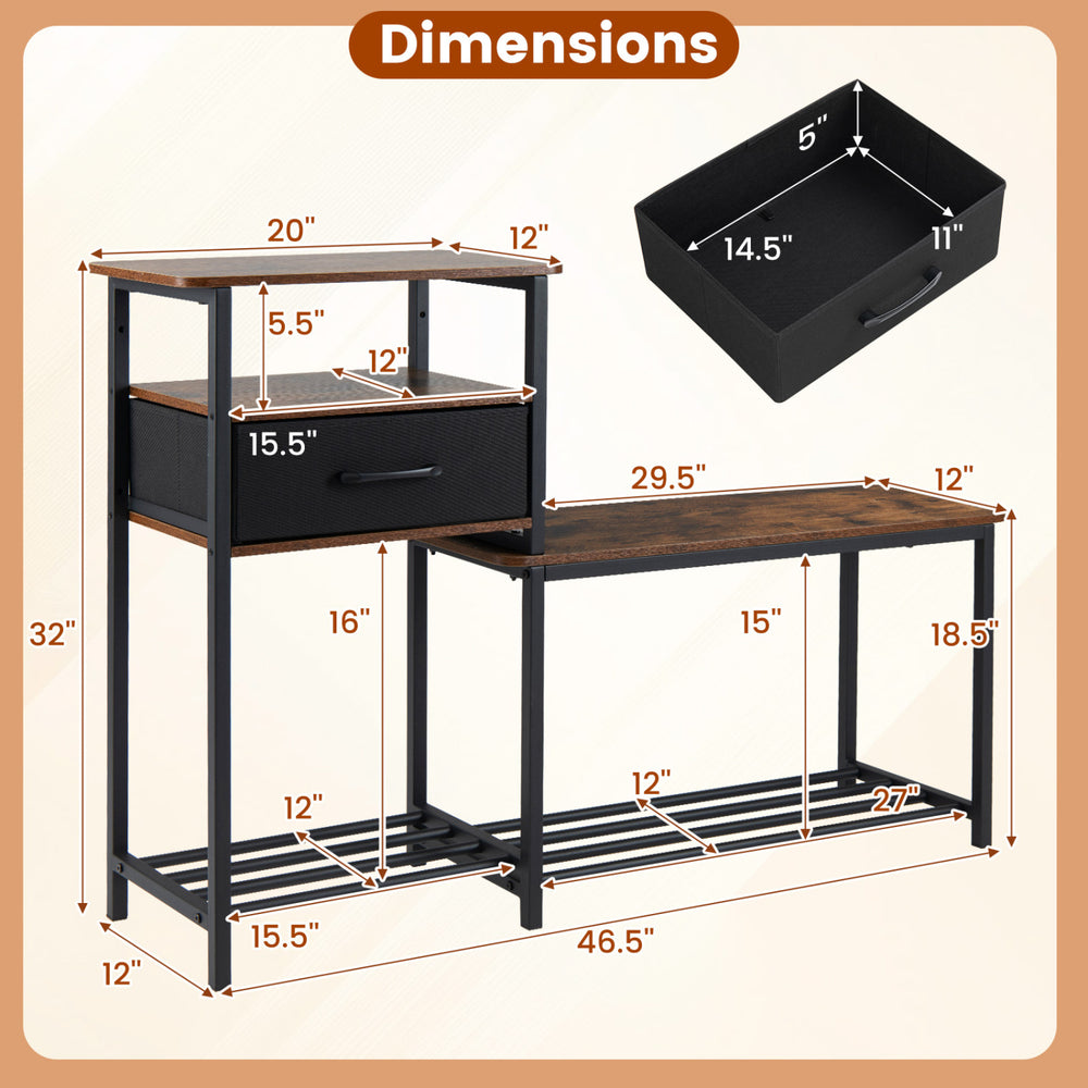 3-tier shoe storage rack bench in rustic brown with a drawer and metal frame, designed for stability and easy maintenance.