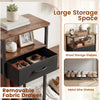 3-tier shoe storage rack bench in rustic brown with wood shelves, metal frame, and removable fabric drawer for versatile use.