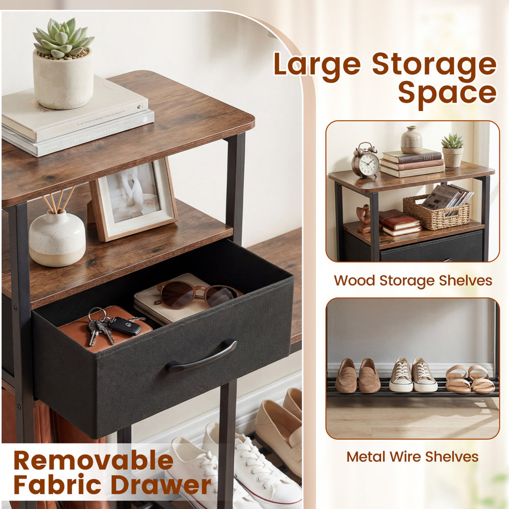 3-tier shoe storage rack bench in rustic brown with wood shelves, metal frame, and removable fabric drawer for versatile use.