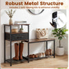 3-tier shoe storage rack bench in rustic brown features a robust metal frame, drawer, and anti-tipping kits for stability.