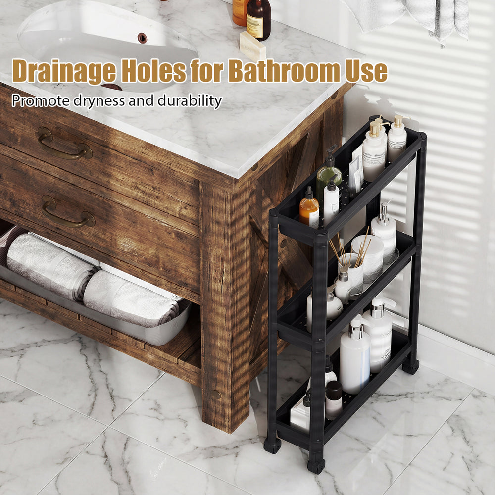 3-tier slim rolling storage cart in black with drainage holes, perfect for bathroom organization and easy mobility.