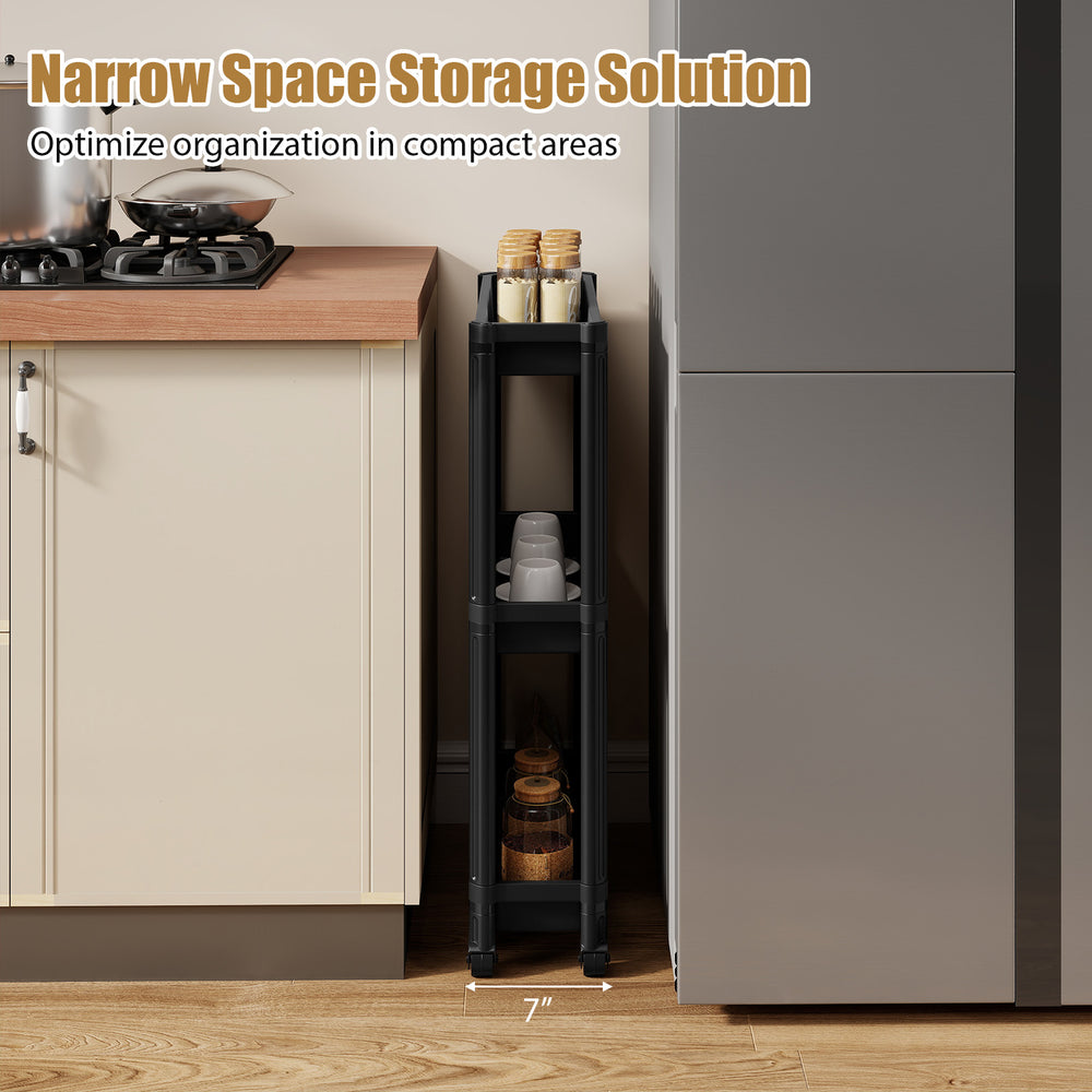 3-tier slim rolling storage cart in black, 7" wide, ideal for compact spaces like kitchens or bathrooms, with wheels.