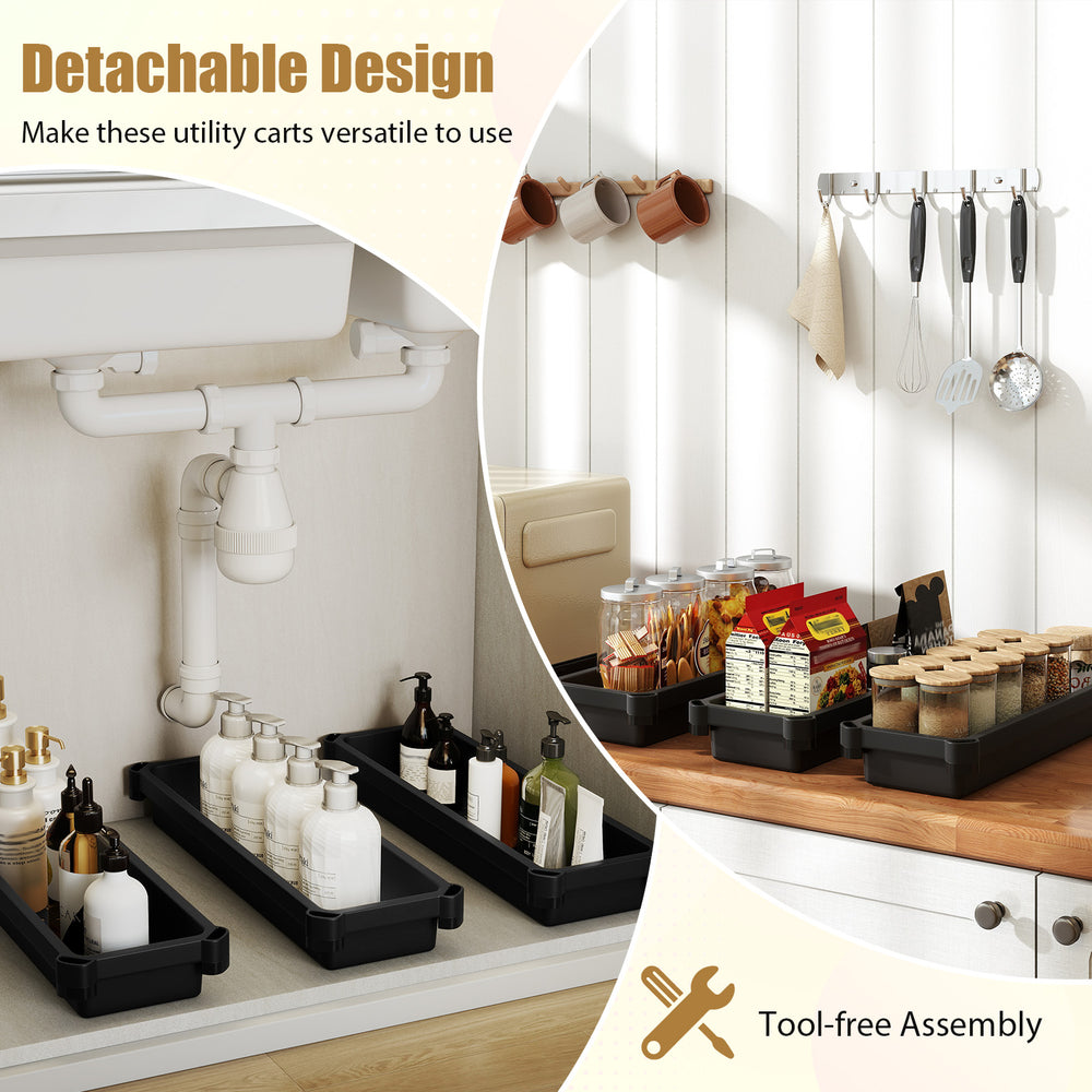 3-tier slim rolling storage cart in black, featuring detachable design and wheels, ideal for bathroom or kitchen.