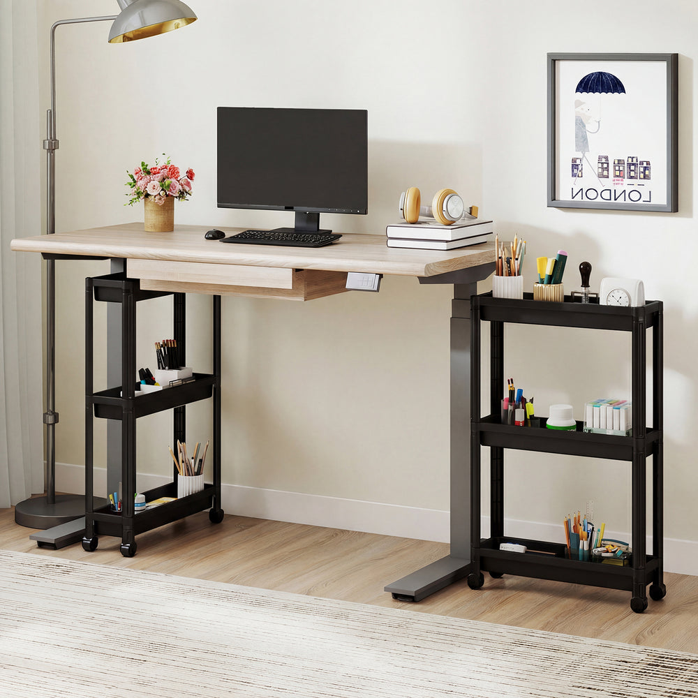 3-tier black rolling storage cart with wheels, ideal for compact spaces like kitchens and bathrooms, featuring durable.