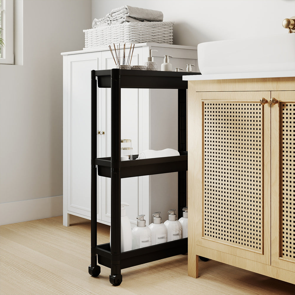3-Tier Slim Rolling Storage Cart 2-Pack Mobile Bathroom Organizer with Wheels-Black - Gallery View 1 of 10