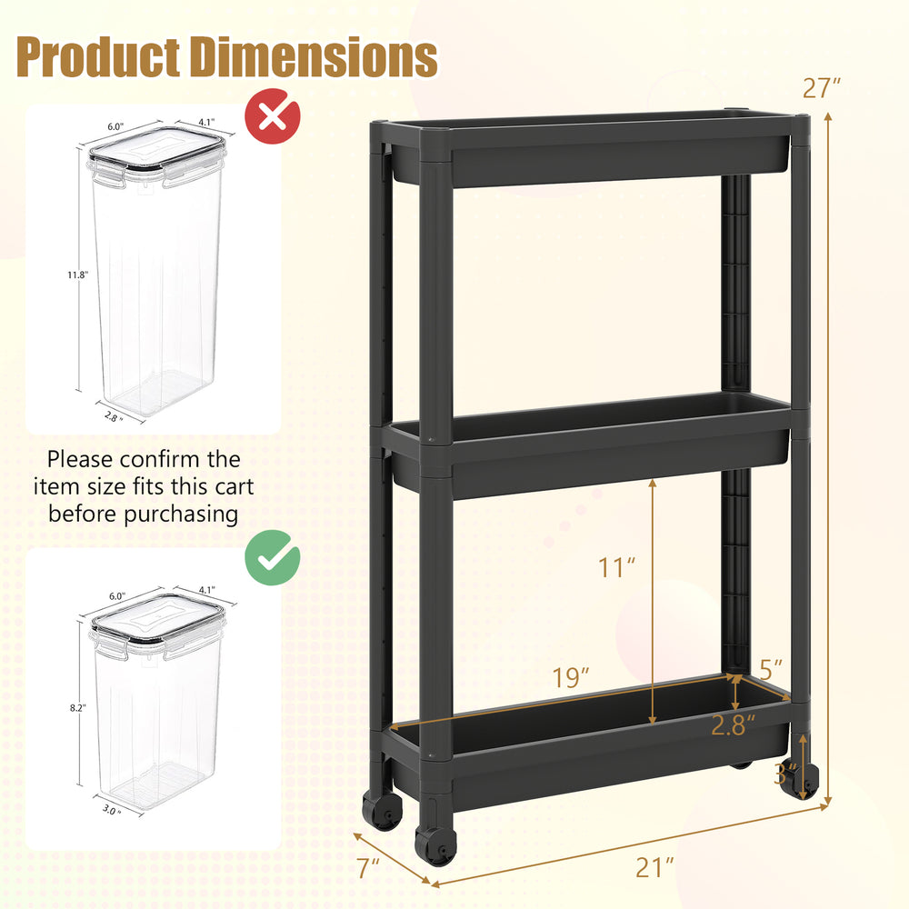 3-tier slim rolling storage cart in black, 7" wide, with wheels for easy mobility, ideal for compact spaces like.