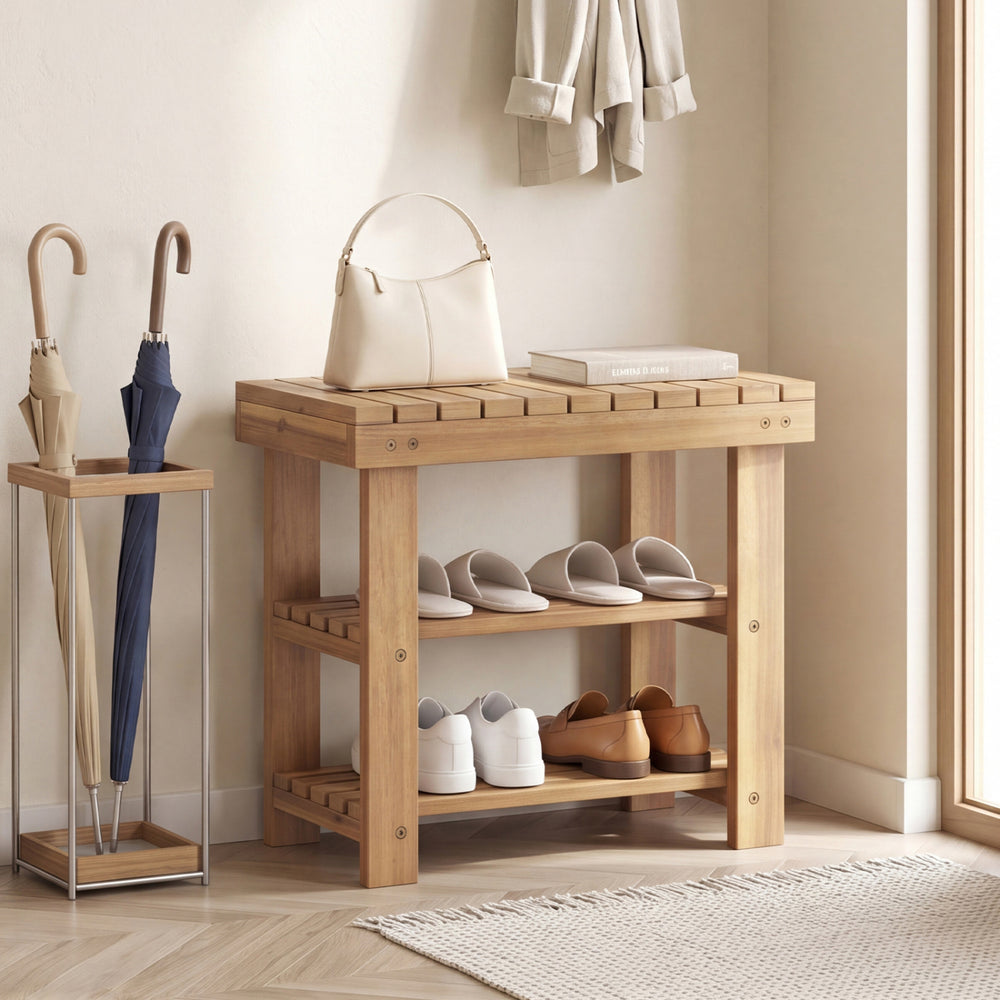3-tier shoe rack bench with slatted shelves, featuring a natural wood finish, perfect for maintaining a tidy entryway.