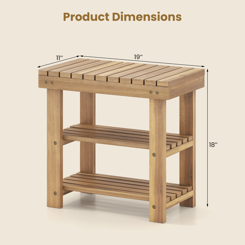 3-tier solid wood shoe rack bench with slatted shelves, measuring 19" x 11" x 18", ideal for entryway organization.