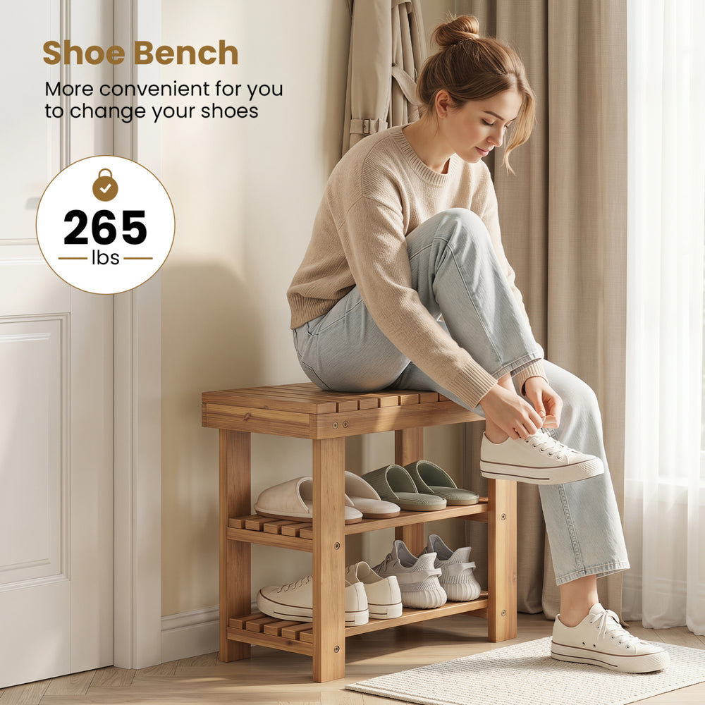 3-tier solid wood shoe rack bench with slatted shelves, providing convenient shoe storage for entryways and small spaces.