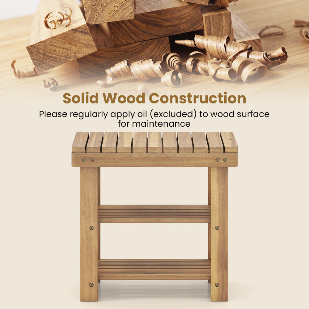3-tier solid wood shoe rack bench with slatted shelves, ideal for entryways and compact living spaces.