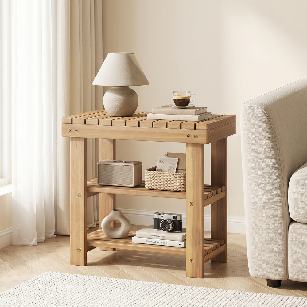 Solid wood 3-tier shoe rack bench with slatted shelves, ideal for entryways and compact living spaces.