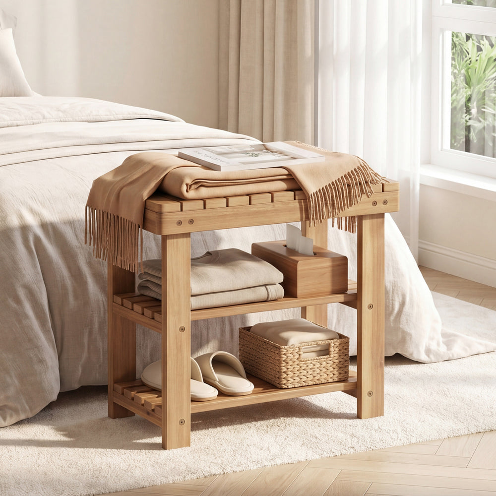 3-tier solid wood shoe rack bench with slatted shelves, perfect for organizing shoes in entryways or bedrooms.