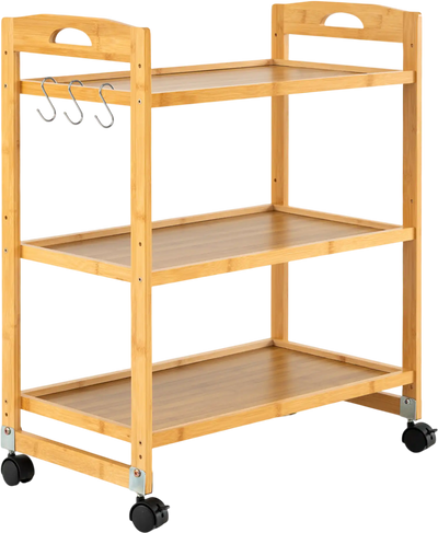 Costway 3-Tier Bamboo Storage Rolling Utility Cart w/ 4 Universal Wheels 14646533 New