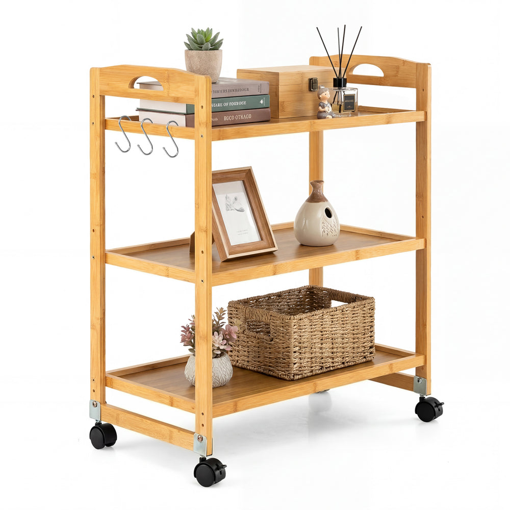 3-Tier Storage Rolling Cart Bamboo Utility Cart with 4 Universal Wheels - Gallery View 4 of 11