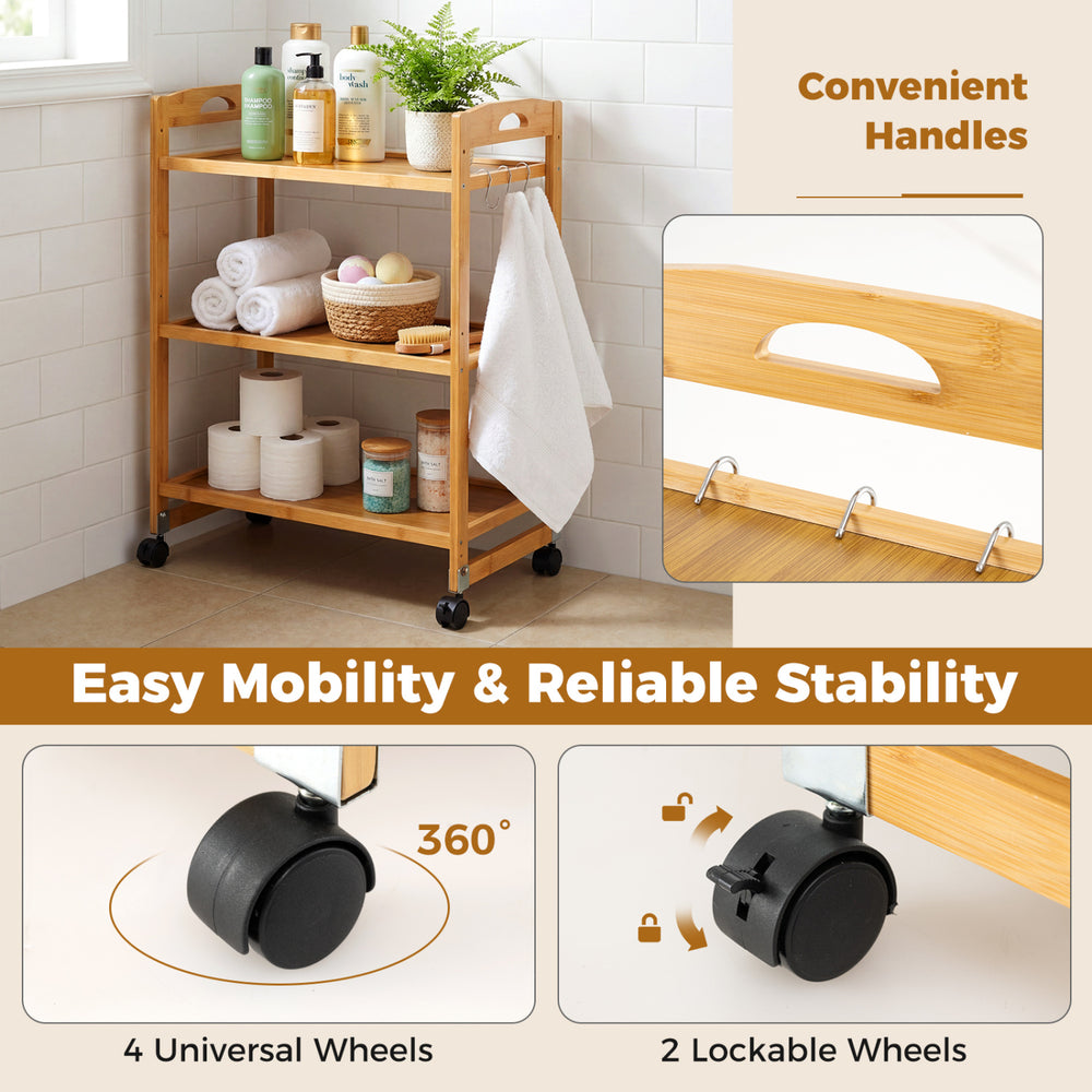 3-Tier Storage Rolling Cart Bamboo Utility Cart with 4 Universal Wheels - Gallery View 8 of 11
