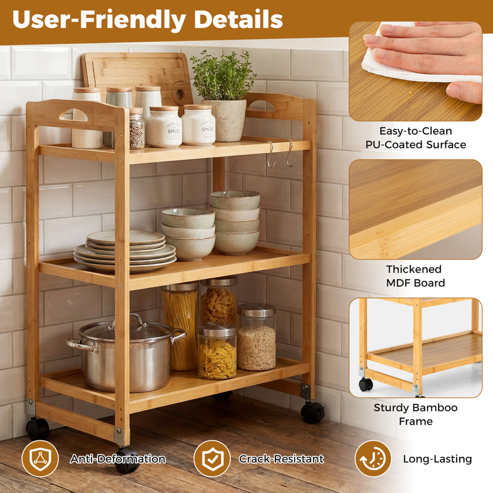 3-Tier Storage Rolling Cart Bamboo Utility Cart with 4 Universal Wheels - Gallery View 10 of 11