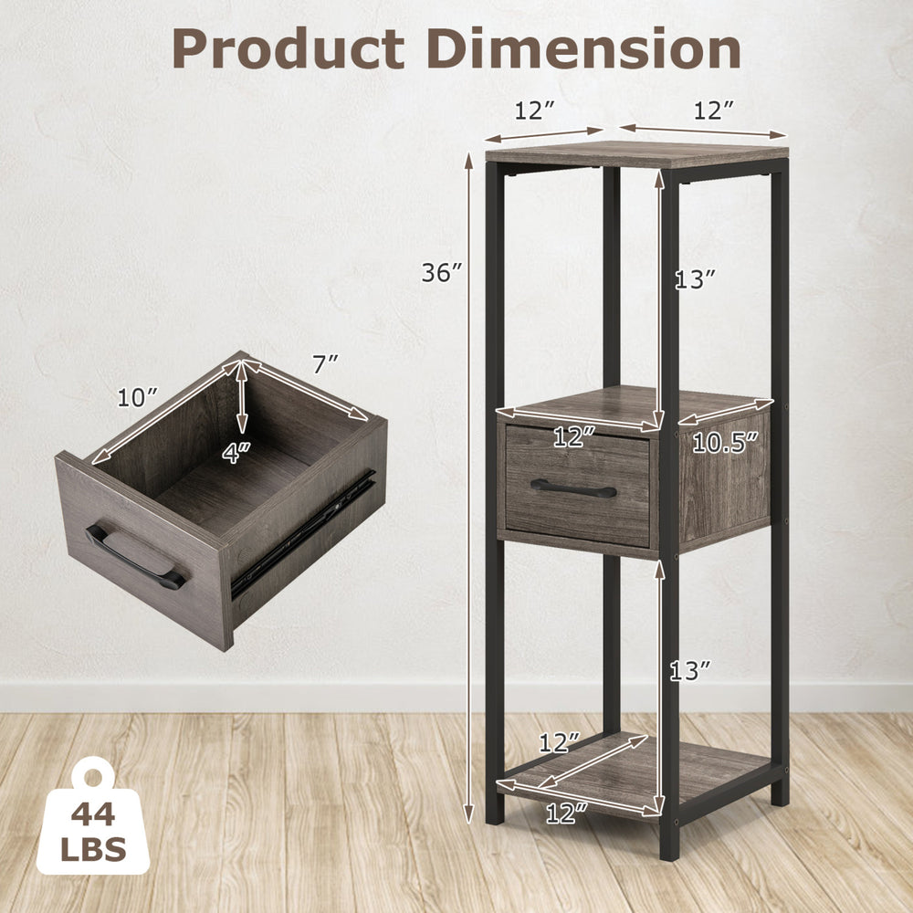3-tier tall metal plant stand with drawer, gray faux wood grain, perfect for balcony or office storage and display.