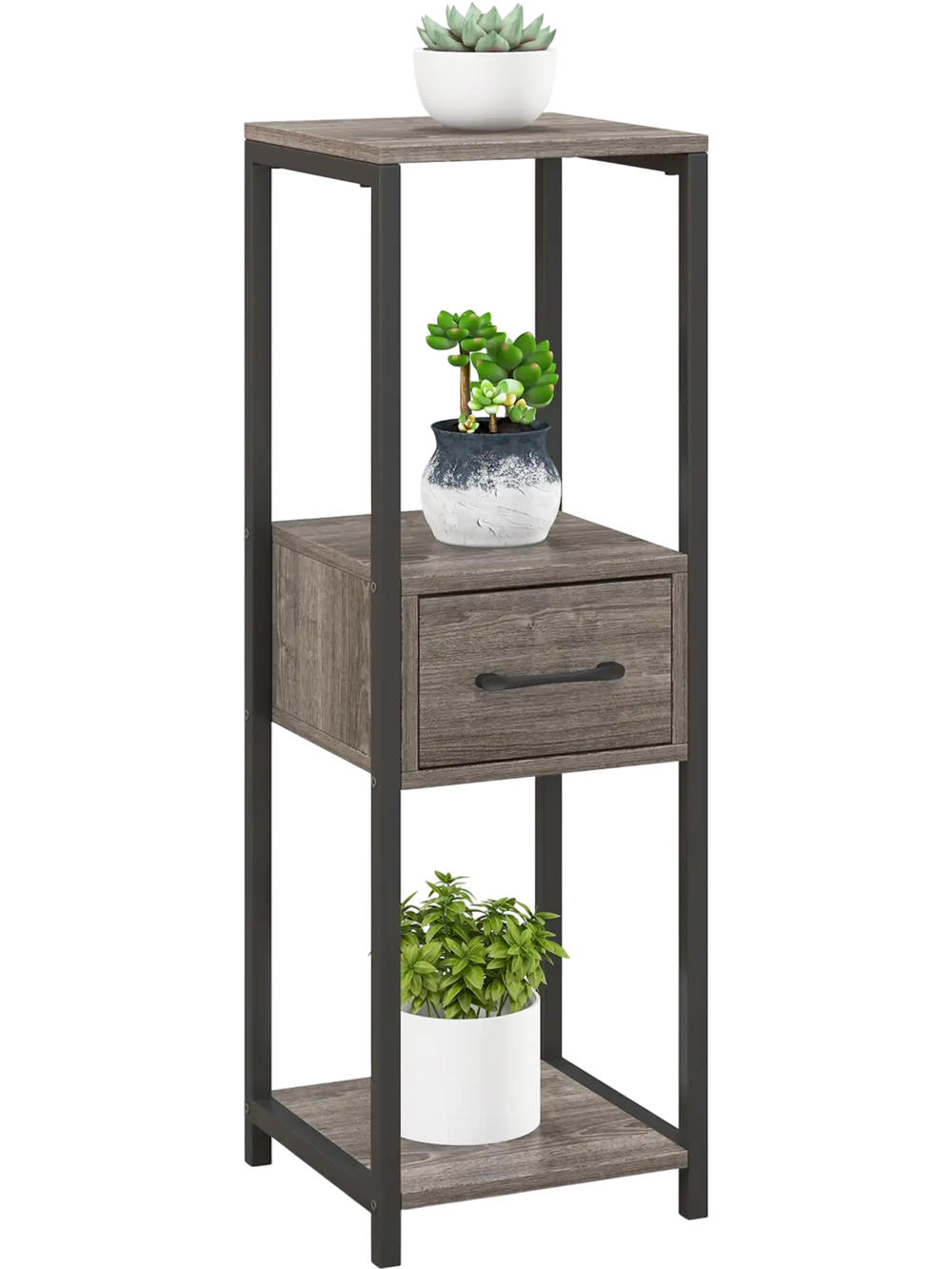 3-tier tall metal plant stand with drawer, gray faux wood finish, ideal for balcony or office storage and display.