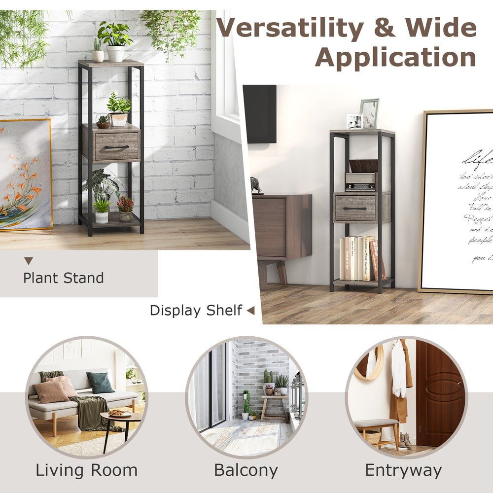 3-tier gray metal plant stand with drawer, perfect for books and ornaments in entryway, living room, or balcony.