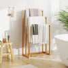 3-tier teak wood towel rack with hanging crossbars for effective drying, ideal for bathrooms and laundry rooms.