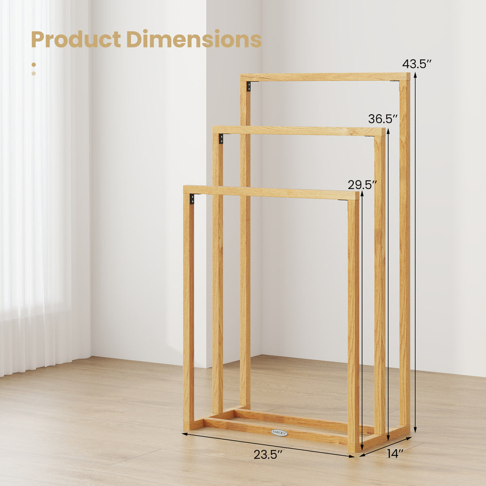 3-tier teak wood towel rack with 3 hanging crossbars, featuring a stable base and natural texture for effective drying.