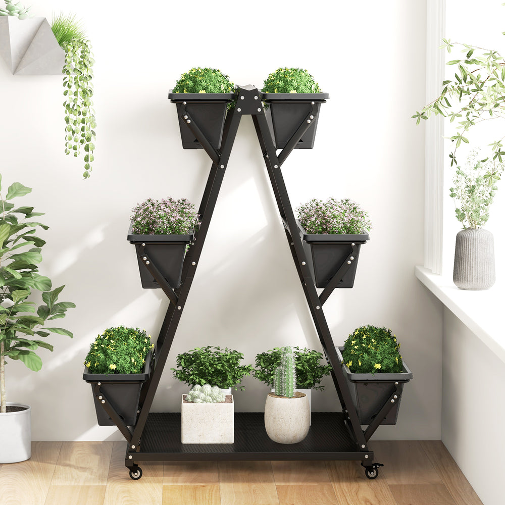 3-tier vertical raised garden bed in black with 6 container boxes, ideal for balconies and patios, featuring wheels for.