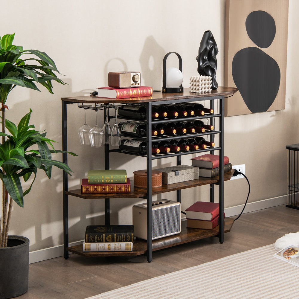3-Tier Wine Bar Cabinet with Storage Shelves-Brown - Gallery View 1 of 10