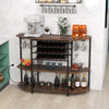 3-tier wine bar cabinet in brown with storage for 21 bottles, glass holders, and built-in charging station for kitchen.