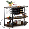 3-tier wine bar cabinet in brown with storage for 21 bottles, glass holders, and built-in charging station.